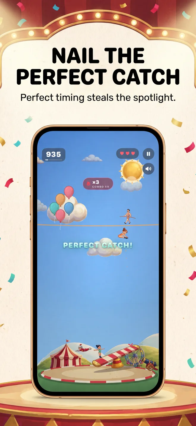 Supa Circus gameplay — an acrobat landing a Perfect Catch above the seesaw in the Sunny Day theme