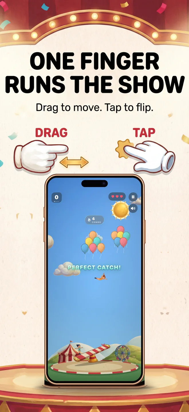 One finger runs the show — drag to move the seesaw, tap to flip which side your acrobat stands on