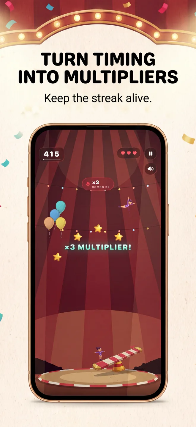 Turn timing into multipliers — a ×3 combo multiplier inside the Night Carnival big top