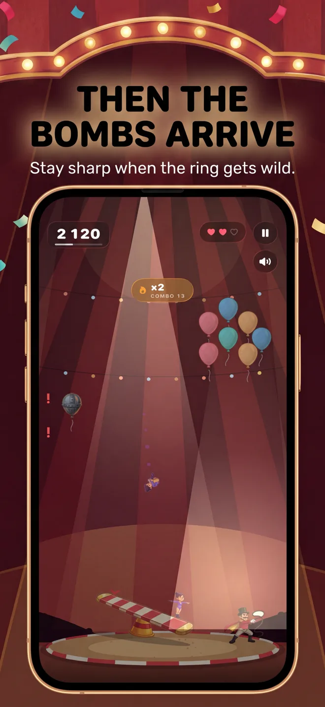Then the bombs arrive — dodging a bomb balloon while the ringmaster watches