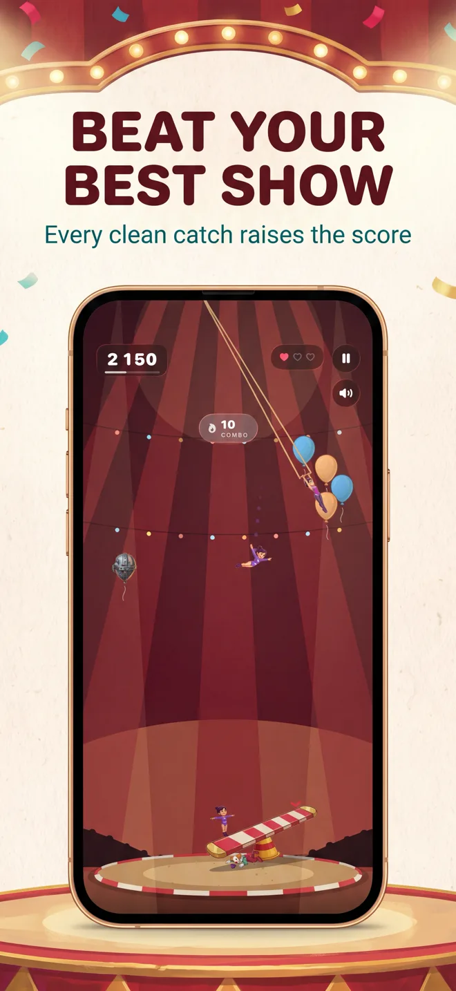 Beat your best show — a trapeze artist swings across a high-score run